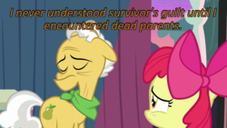 Size: 640x360 | Tagged: safe, edit, edited screencap, screencap, apple bloom, grand pear, g4, the perfect pear, caption, cards against humanity, dead parents, guilty, image macro, sad, text