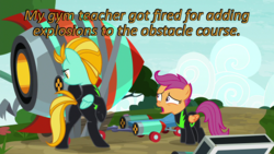 Size: 640x360 | Tagged: safe, edit, edited screencap, screencap, lightning dust, scootaloo, g4, the washouts (episode), caption, cards against humanity, image macro, rocket, scooter, text