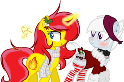 Size: 1280x850 | Tagged: safe, artist:xxmaikhanhflarexx, oc, oc only, oc:chelsey, oc:flaming flare, earth pony, pony, unicorn, candy, candy cane, clothes, food, magic, mistletoe, scarf, simple background, socks, solo, striped socks, transparent background