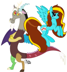 Size: 1204x1288 | Tagged: safe, artist:shadow-nights, discord, oc, oc:ilovekimpossiblealot, draconequus, pegasus, pony, g4, duo, female, flying, male, mare, signature, simple background, transparent background