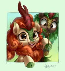 Size: 2190x2400 | Tagged: safe, artist:luciferamon, autumn blaze, cinder glow, summer flare, kirin, sounds of silence, autumn blaze's puppet, awwtumn blaze, cloven hooves, cute, female, frown, happy, kirinbetes, leaning, leg fluff, looking at you, open mouth, raised hoof, smiling, stick, wide eyes