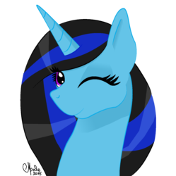 Size: 1272x1276 | Tagged: safe, artist:shadow-nights, oc, oc only, oc:moonlight, alicorn, pony, alicorn oc, bust, female, mare, one eye closed, signature, simple background, smiling, solo, transparent background, wink