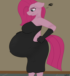 Size: 1100x1200 | Tagged: safe, artist:theimmortalwolf, pinkie pie, earth pony, anthro, g4, belly, big belly, big breasts, breasts, busty pinkie pie, clothes, dress, female, floppy ears, grumpy, hand on belly, hand on hip, lidded eyes, mare, outie belly button, pinkamena diane pie, preggy pie, pregnant, solo, tumblr