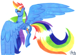 Size: 1737x1242 | Tagged: safe, artist:shadow-nights, rainbow dash, pegasus, pony, g4, female, flying, mare, paper, signature, simple background, smiling, solo, spread wings, white background, wings