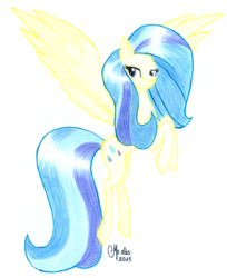 Size: 1276x1564 | Tagged: safe, artist:shadow-nights, sunshower, pegasus, pony, g4, female, mare, paper, signature, simple background, solo, spread wings, traditional art, white background, wings