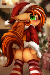 Size: 2008x2983 | Tagged: safe, artist:pridark, oc, oc only, oc:pumpkin patch, bat pony, pony, bat pony oc, blushing, butt, christmas, clothes, commission, costume, fangs, female, hat, holiday, looking back, mare, plot, santa costume, santa hat, socks, solo, stockings, striped socks, thigh highs