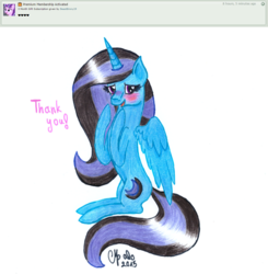 Size: 1136x1157 | Tagged: safe, artist:shadow-nights, oc, oc only, oc:moonlight, alicorn, pony, alicorn oc, blushing, deviantart, dialogue, female, happy, mare, signature, simple background, sitting, solo, thank you, traditional art, white background