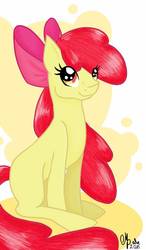Size: 750x1280 | Tagged: safe, artist:shadow-nights, apple bloom, earth pony, pony, g4, bow, female, filly, hair bow, signature, simple background, sitting, smiling, solo