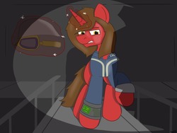 Size: 1280x960 | Tagged: safe, artist:theimmortalwolf, oc, oc only, pony, unicorn, fallout, frown, male, pipbuck, stallion