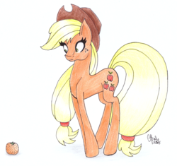 Size: 1168x1100 | Tagged: safe, artist:shadow-nights, applejack, earth pony, pony, g4, apple, female, food, freckles, frown, fruit, looking down, mare, newbie artist training grounds, paper, signature, simple background, solo, traditional art, white background