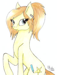 Size: 836x1105 | Tagged: safe, artist:shadow-nights, oc, oc only, oc:honey fire, earth pony, pony, ear piercing, female, frown, mare, paper, piercing, ponytail, signature, simple background, sitting, solo, traditional art, white background