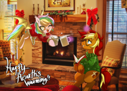 Size: 3500x2500 | Tagged: safe, artist:renokim, oc, oc only, oc:city roast, oc:paper stars, bat pony, pony, unicorn, bat pony oc, book, chocolate, clothes, female, fireplace, food, glowing horn, high res, horn, hot chocolate, irl, magic, merry christmas, photo, ponies in real life, smiling, sweater