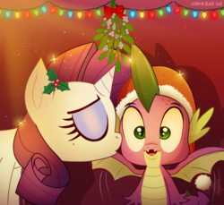 Size: 1200x1100 | Tagged: safe, artist:lennonblack, rarity, spike, dragon, pony, unicorn, g4, cheek kiss, christmas, duo, eyes closed, female, hat, holiday, kissing, male, mare, mistletoe, santa hat, ship:sparity, shipping, spread wings, straight, wingboner, winged spike, wings