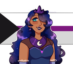 Size: 1100x960 | Tagged: safe, artist:mochietti, part of a set, princess luna, human, g4, clothes, crown, dark skin, demisexual, demisexual pride flag, dress, ear piercing, earring, evening gloves, female, gloves, hair over one eye, headcanon, humanized, jewelry, lgbt, lgbt headcanon, lipstick, long gloves, long hair, piercing, pride, pride background, pride flag, regalia, sexuality headcanon, smiling, solo