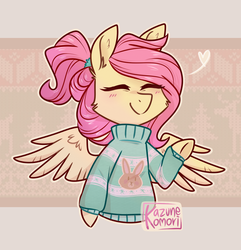 Size: 932x968 | Tagged: safe, artist:kazunekomori, fluttershy, pegasus, pony, g4, alternate hairstyle, bust, clothes, cute, eyes closed, female, heart, mare, portrait, raised hoof, shyabetes, smiling, solo, spread wings, sweater, sweatershy, three quarter view, wings