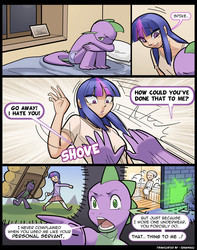 Size: 5649x7165 | Tagged: safe, artist:garam, rarity, spike, twilight sparkle, human, comic:their first, g4, absurd resolution, boxers, clothes, comic, female, humanized, male, older, older spike, partial nudity, ship:twispike, shipping, skirt, straight, teenage spike, teenager, topless, underwear, voyeurism