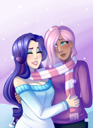 Size: 1200x1646 | Tagged: safe, artist:emberfan11, fluttershy, rarity, human, g4, breasts, cleavage, clothes, eyes closed, female, humanized, lesbian, moderate dark skin, scarf, shared clothing, shared scarf, ship:flarity, shipping, smiling, snow, snowfall, sweater