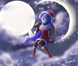 Size: 4096x3436 | Tagged: safe, artist:jeglegator, princess luna, human, equestria girls, g4, christmas, clothes, cloud, costume, crescent moon, female, hat, holiday, looking at you, moon, night, santa costume, santa hat, solo, tangible heavenly object