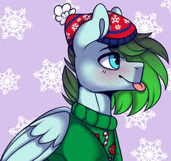 Size: 1001x946 | Tagged: safe, artist:ashtrol, oc, oc only, oc:gryph xander, pegasus, pony, :p, blushing, christmas sweater, clothes, cute, gradient mane, hat, male, silly, solo, stallion, sweater, tongue out