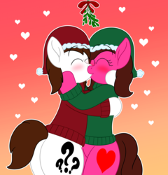 Size: 1280x1331 | Tagged: safe, artist:aarondrawsarts, oc, oc:brain teaser, oc:rose bloom, bipedal, brainbloom, butt, christmas, clothes, hat, holiday, hug, kiss on the lips, kissing, mistletoe, oc x oc, plot, santa hat, shipping, sweater