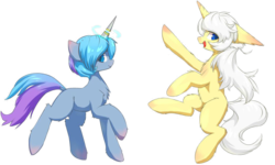 Size: 1045x626 | Tagged: artist needed, source needed, safe, oc, oc only, oc:rainbowglimmer, pony, unicorn, duo, looking at you, smiling