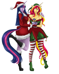 Size: 2000x2500 | Tagged: safe, artist:bunnynha, sunset shimmer, twilight sparkle, anthro, equestria girls, g4, butt touch, christmas, clothes, costume, female, hand on butt, hat, high res, holiday, looking at you, santa costume, santa hat, simple background, transparent background