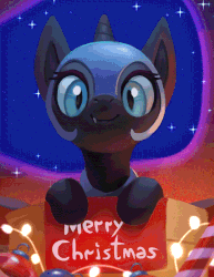 Size: 618x800 | Tagged: safe, artist:rodrigues404, nightmare moon, alicorn, pony, animated, christmas, cute, cute little fangs, fangs, female, filly, gif, helmet, holiday, looking at you, mare, moonabetes, nicemare moon, nightmare woon, smiling, solo