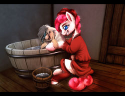 Size: 1024x787 | Tagged: safe, artist:rinsole, oc, oc only, oc:cinder, oc:sun light, crystal pony, pegasus, pony, bath, bath time, female, flailing, laughing, mother and daughter