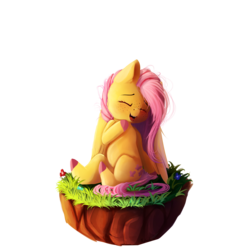 Size: 4400x4400 | Tagged: safe, artist:miokomata, fluttershy, pegasus, pony, absurd resolution, colored hooves, cute, dirt cube, eyes closed, female, floating island, freckles, head turn, mare, open mouth, shyabetes, simple background, sitting, smiling, solo, transparent background