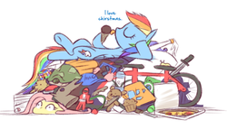 Size: 1160x670 | Tagged: safe, artist:raridashdoodles, edit, fluttershy, rainbow dash, rarity, tank, pegasus, pony, g4, bicycle, female, food, hat, ice cream, ice cream cone, mare, muffin, pizza, power rangers, rubik's cube, simple background, teddy bear, white background