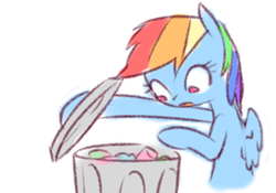 Size: 573x402 | Tagged: safe, artist:raridashdoodles, edit, rainbow dash, pegasus, pony, g4, female, mare, simple background, trash can, white background