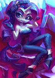 Size: 2067x2894 | Tagged: safe, artist:holivi, rarity, unicorn, anthro, unguligrade anthro, equestria girls, g4, my little pony equestria girls: better together, the other side, breasts, cleavage, clothes, equestria girls outfit, eyeshadow, female, gloves, headphones, high res, jewelry, lidded eyes, lipstick, long mane, long tail, looking at you, makeup, mare, shoes, smiling, smirk, solo