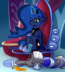 Size: 3600x4000 | Tagged: safe, artist:witchtaunter, princess luna, oc, oc:scope, alicorn, pony, unicorn, g4, armor, clothes, crown, cup, cutie mark, drinking straw, drool, duo, eyes closed, female, floppy ears, glass, glowing horn, hoof shoes, horn, jewelry, magic, male, mare, poking, regalia, royal guard armor, scrunchy face, shoes, shoulder fluff, sitting, sleeping, sleeping on the job, spilled drink, stallion, stick, straw, tail wrap, telekinesis, throne