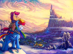 Size: 1098x812 | Tagged: safe, artist:jowyb, rainbow dash, scootaloo, pegasus, pony, :t, beautiful, bipedal, bipedal leaning, butt, canterlot, canterlot mountain, clothes, cloud, cloudsdale, color porn, cute, cutealoo, dashabetes, duo, featured image, female, filly, glowing, leaning, looking up, magic, majestic, mare, mountain, mountain range, open mouth, plot, ponies riding ponies, pony hat, ponyville, riding, scarf, scenery, scenery porn, scootaloo riding rainbow dash, smiling, snow, snowfall, sweet dreams fuel, twilight's castle, valley, waterfall, winter
