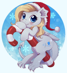 Size: 1273x1385 | Tagged: safe, artist:evomanaphy, oc, oc only, oc:ardana, dracony, hybrid, original species, pony, blushing, candy, candy cane, chibi, christmas, female, food, hat, holiday, looking at you, mare, santa hat, smiling, solo