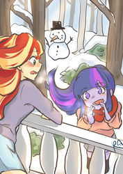 Size: 849x1200 | Tagged: safe, artist:rsazu, sunset shimmer, twilight sparkle, equestria girls, g4, blushing, blushing profusely, clothes, cute, female, lesbian, looking at each other, scarf, shimmerbetes, ship:sunsetsparkle, shipping, snow, snowman, tree, twiabetes, winter outfit