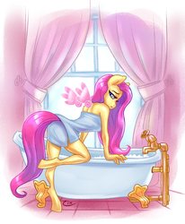 Size: 1054x1280 | Tagged: safe, artist:tron-zix, fluttershy, anthro, unguligrade anthro, g4, bathtub, breasts, bubble bath, claw foot bathtub, female, mare, naked towel, towel