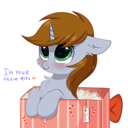 Size: 3000x3000 | Tagged: safe, artist:pesty_skillengton, oc, oc only, oc:littlepip, pony, unicorn, fallout equestria, blushing, box, cheek fluff, chest fluff, commissioner:raritybro, cute, eyes open, fanfic, fanfic art, female, floppy ears, green eyes, heart eyes, high res, hooves, horn, implied lesbian, implied shipping, mare, pesty's little gift, pipabetes, pony in a box, present, shipping, simple background, solo, white background, wingding eyes, ych result