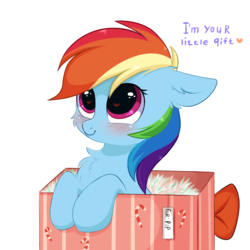 Size: 3000x3000 | Tagged: safe, artist:pesty_skillengton, rainbow dash, pegasus, pony, g4, blushing, box, cheek fluff, chest fluff, commissioner:raritybro, cute, dashabetes, female, heart eyes, high res, pesty's little gift, pony in a box, present, shipping, solo, weapons-grade cute, wingding eyes, ych result
