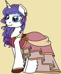 Size: 732x892 | Tagged: safe, artist:rosefang16, rarity, pony, unicorn, g4, alternate hairstyle, clothes, dignified wear, dress, ear piercing, earring, eyeshadow, female, fluffy, gala dress, hoof shoes, jewelry, leg fluff, makeup, mare, piercing, simple background, solo, yellow background