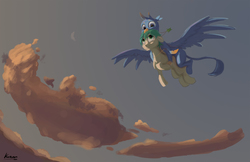 Size: 2804x1813 | Tagged: safe, artist:kam, gallus, sandbar, earth pony, griffon, pony, g4, carrying, cloud, cloudscape, commission, couple, fanfic art, flying, gay, male, quadrupedal, ship:gallbar, shipping, spread wings, wings