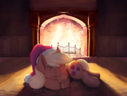 Size: 2000x1500 | Tagged: safe, artist:anontheanon, applejack, earth pony, pony, g4, christmas, cutie mark, female, fireplace, hat, holiday, lying down, mare, santa hat, sleeping, smiling, solo