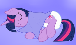 Size: 2000x1200 | Tagged: safe, artist:nitei, twilight sparkle, pony, g4, adult foal, blanket, diaper, female, nap, non-baby in diaper, poofy diaper, sleeping, solo
