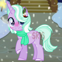 Size: 1076x1080 | Tagged: safe, artist:superrosey16, oc, oc only, oc:snowflake, pony, unicorn, female, mare, offspring, parent:double diamond, parent:starlight glimmer, parents:glimmerdiamond, snow, solo