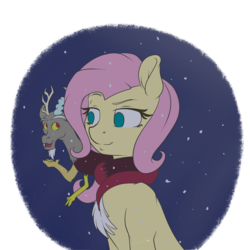 Size: 2449x2449 | Tagged: safe, artist:mephysta, discord, fluttershy, draconequus, pegasus, pony, g4, bust, clothes imitation, coils, disclothes, female, high res, looking at each other, mare, no pupils, snow, snowfall, three quarter view