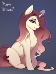 Size: 2000x2614 | Tagged: safe, artist:evehly, oc, oc only, oc:crimson sunset, pony, unicorn, back fluff, chest fluff, cute, female, gift art, hair over one eye, high res, leg fluff, mare, ocbetes, simple background, smiling, solo