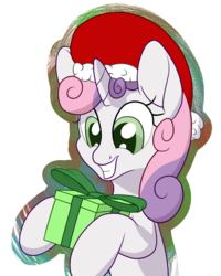Size: 1600x2000 | Tagged: safe, artist:litrojia, sweetie belle, pony, unicorn, g4, abstract background, christmas, female, filly, hat, holiday, present, santa hat, smiling, solo