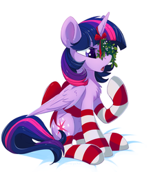 Size: 4708x5291 | Tagged: safe, artist:taneysha, twilight sparkle, alicorn, pony, g4, absurd resolution, christmas, clothes, cute, daaaaaaaaaaaw, female, holiday, horn, horn impalement, mare, mistletoe, open mouth, ribbon, socks, solo, stockings, striped socks, thigh highs, twiabetes, twilight sparkle (alicorn)