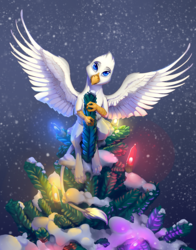 Size: 1234x1571 | Tagged: safe, artist:viwrastupr, oc, oc only, oc:der, griffon, christmas, christmas lights, holiday, looking at you, male, micro, snow, solo, spread wings, tree, wings