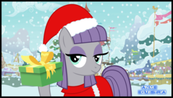 Size: 1140x646 | Tagged: safe, artist:anime-equestria, maud pie, pony, bow, christmas, cute, female, happy, hat, holiday, maudabetes, ponyville, present, smiling, snow, snowfall, solo, vector, when she smiles